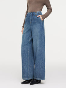 100% Cotton Denim Fleece Lined Women Wide Leg Jeans