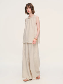 100% Linen Braided Neck Tank Top And Pants Two-Piece Set With Beaded Belt