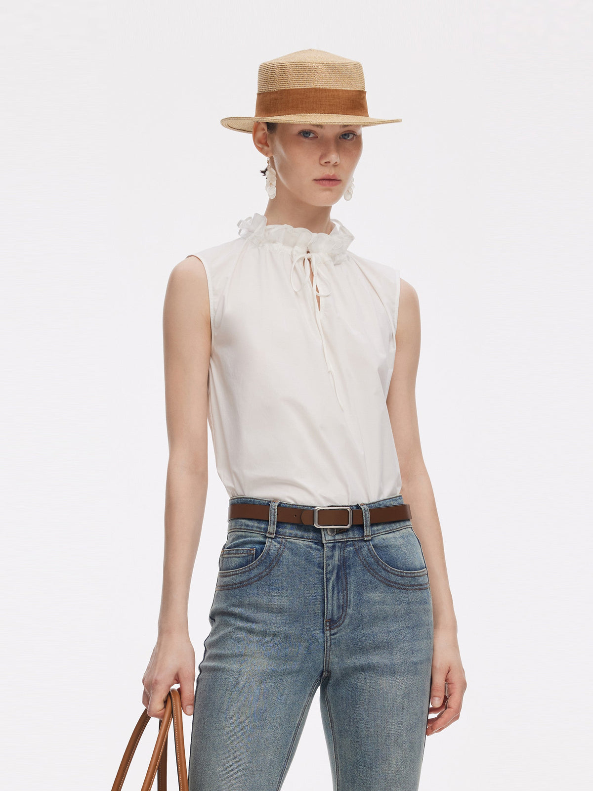 100% Cotton Ruffled Collar Women Sleeveless Blouse