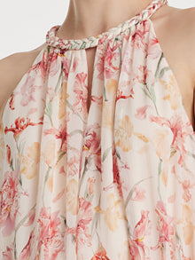10 Momme Mulberry Silk Iris Print Halter Ruffle Women Maxi Dress