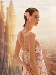 100% Linen Rose Print Women Halterneck Slip Maxi Dress