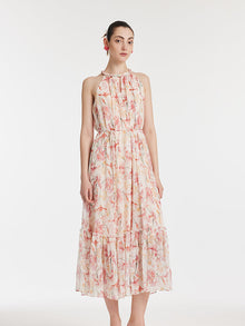 10 Momme Mulberry Silk Iris Print Halter Ruffle Women Maxi Dress