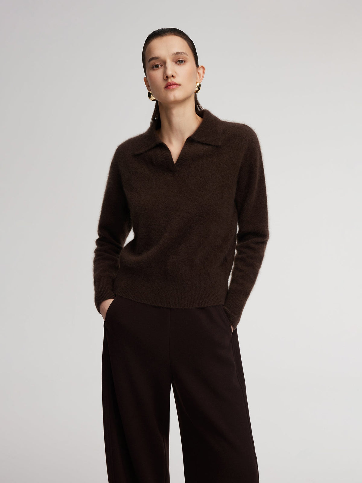 100% Brushed Wool Johnny-Collar Women Sweater