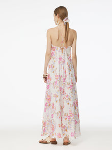 100% Linen Rose Print Women Halterneck Slip Maxi Dress