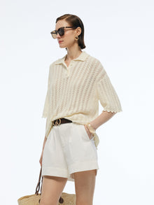 100% Cotton Openwork Women Knit Polo Top