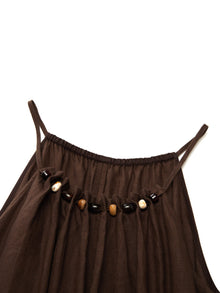 100% Linen Beaded Neck Women Strap Maxi Dress With Tie String Belt