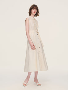 100% Cotton Gather-waisted Women Sleeveless Maxi Dress With Two Belts