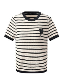 100% Cotton Stripe Women Openwork Knit T-Shirt