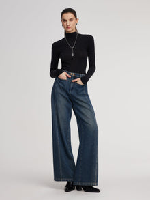 100% Cotton Brushed Denim Straight Wide Leg Women Jeans
