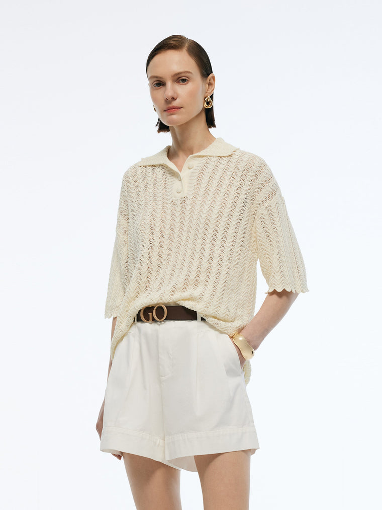 100% Cotton Openwork Women Knit Polo Top