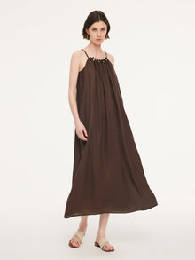 100% Linen Beaded Neck Women Strap Maxi Dress With Tie String Belt