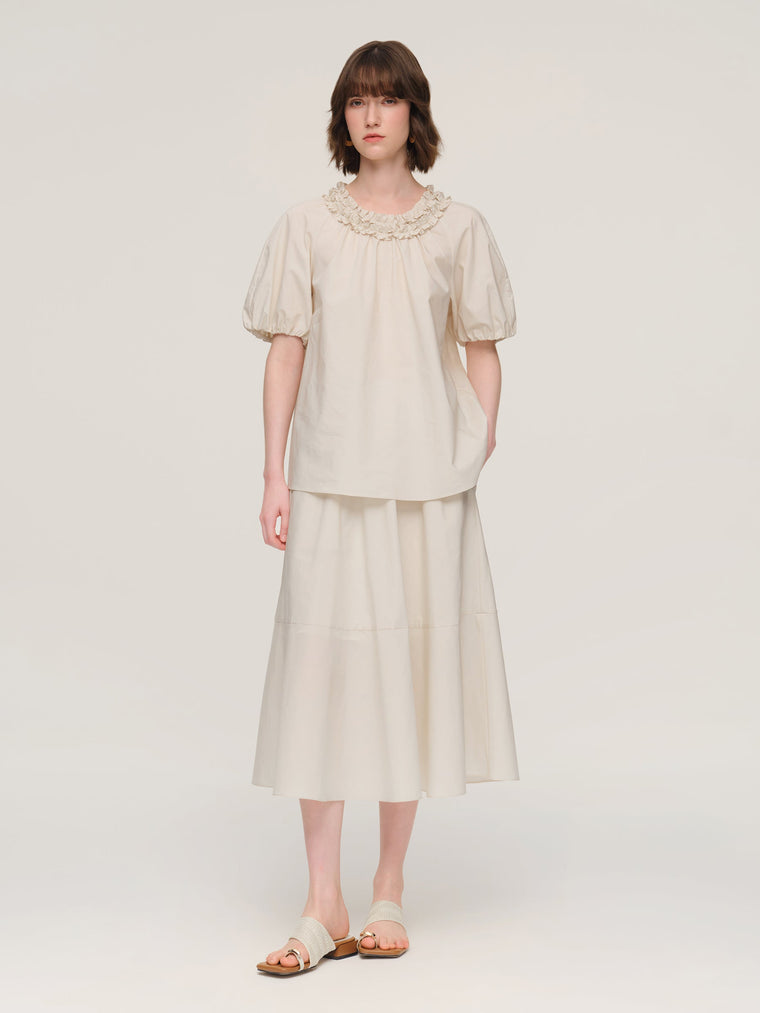 100% Cotton Ruffle Round Neck Top And A-Line Skirt Two-Piece Set