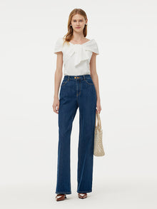100% Cotton Bow Top And Adjustable Waist Denim Jeans Two-Piece Set