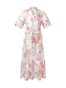 100% Linen Rose Print Women Maxi Dress With Belt
