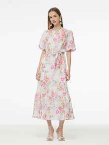 100% Linen Rose Print Women Maxi Dress With Belt