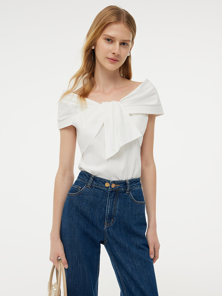 100% Cotton Bow Top And Adjustable Waist Denim Jeans Two-Piece Set