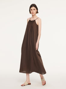 100% Linen Beaded Neck Women Strap Maxi Dress With Tie String Belt