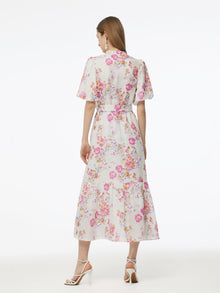 100% Linen Rose Print Women Maxi Dress With Belt