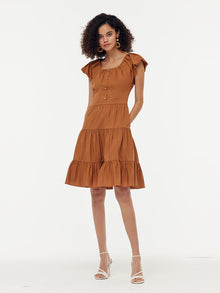 100% Cotton Ruffle Sleeve Gathered Waist Women Mini Dress