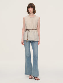 100% Linen Braided Neck Tank Top And Pants Two-Piece Set With Beaded Belt